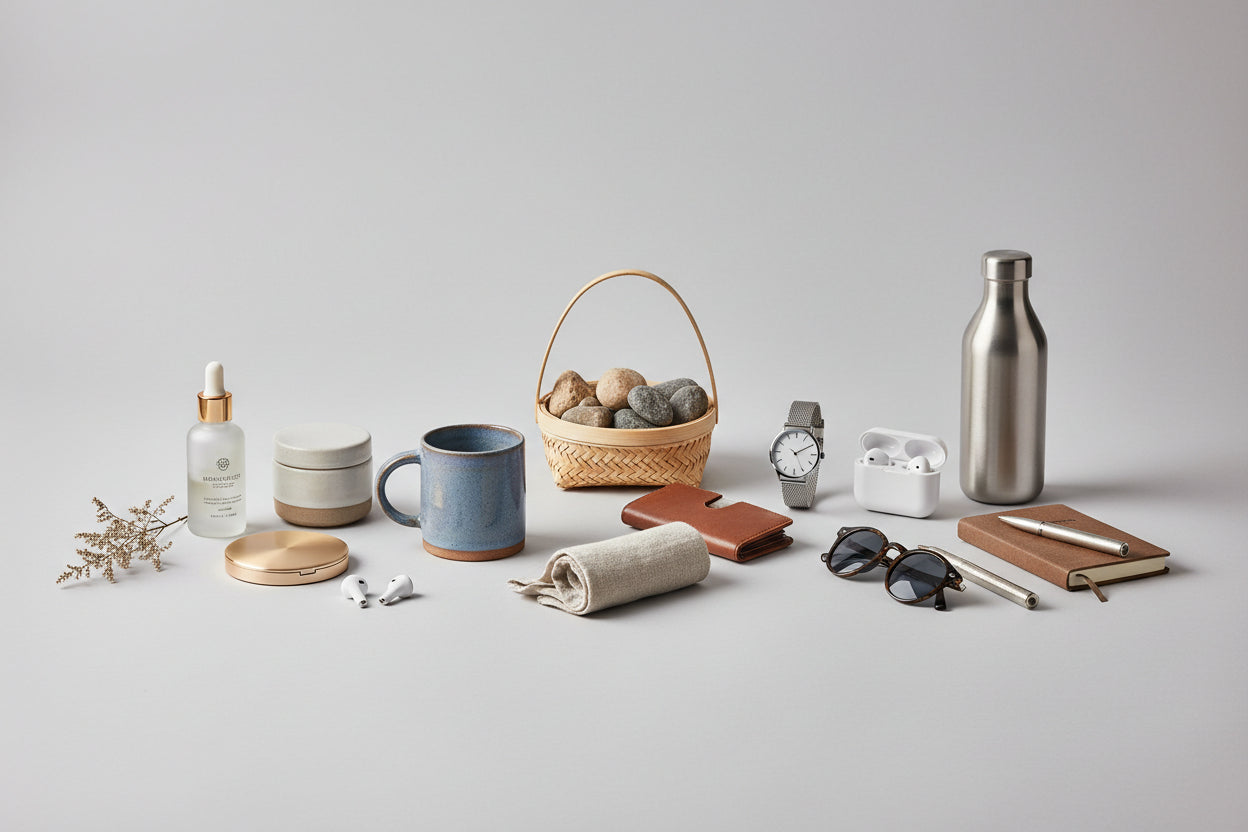 Collection of everyday items including a bottle, mug, basket, and various accessories on a light gray background.
